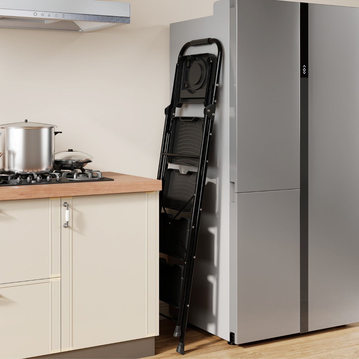 Scala a 4 gradini con vaschetta porta attrezzi e pedali larghi antiscivolo, Scala pieghevole portatile multiuso per casa Nero-Scale e ponteggi