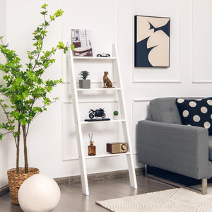 Scala in legno a pioli da appoggio per il bagno, Porta asciugamani da terra a 4 bracci Bianco-Portasciugamani