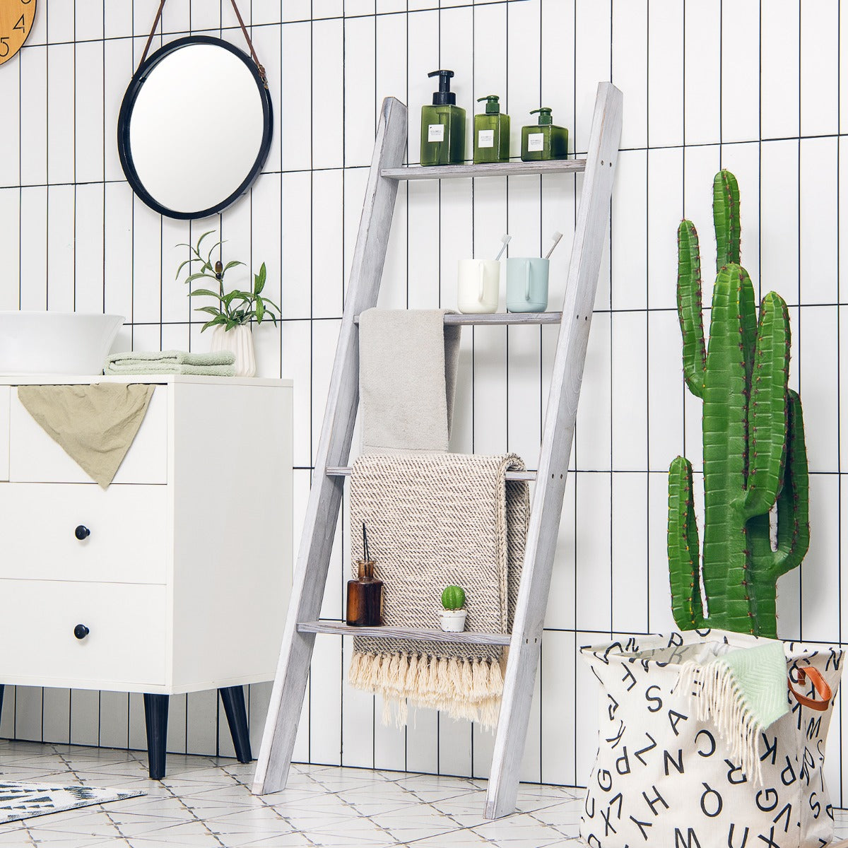 Scala in legno a pioli da appoggio per il bagno, Porta asciugamani da terra a 4 bracci Grigio-Portasciugamani