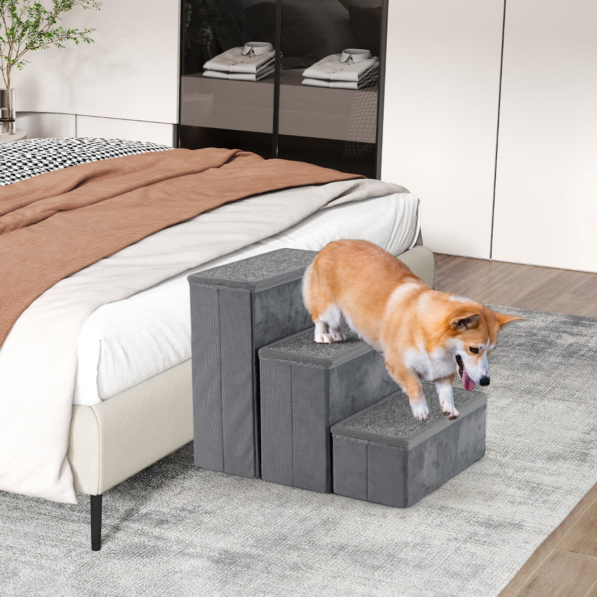 Scala per cani a 3 gradini con scomparti di stoccaggio, Rampe pieghevole antiscivolo per letti e divani Grigio-Giochi e accessori per cani