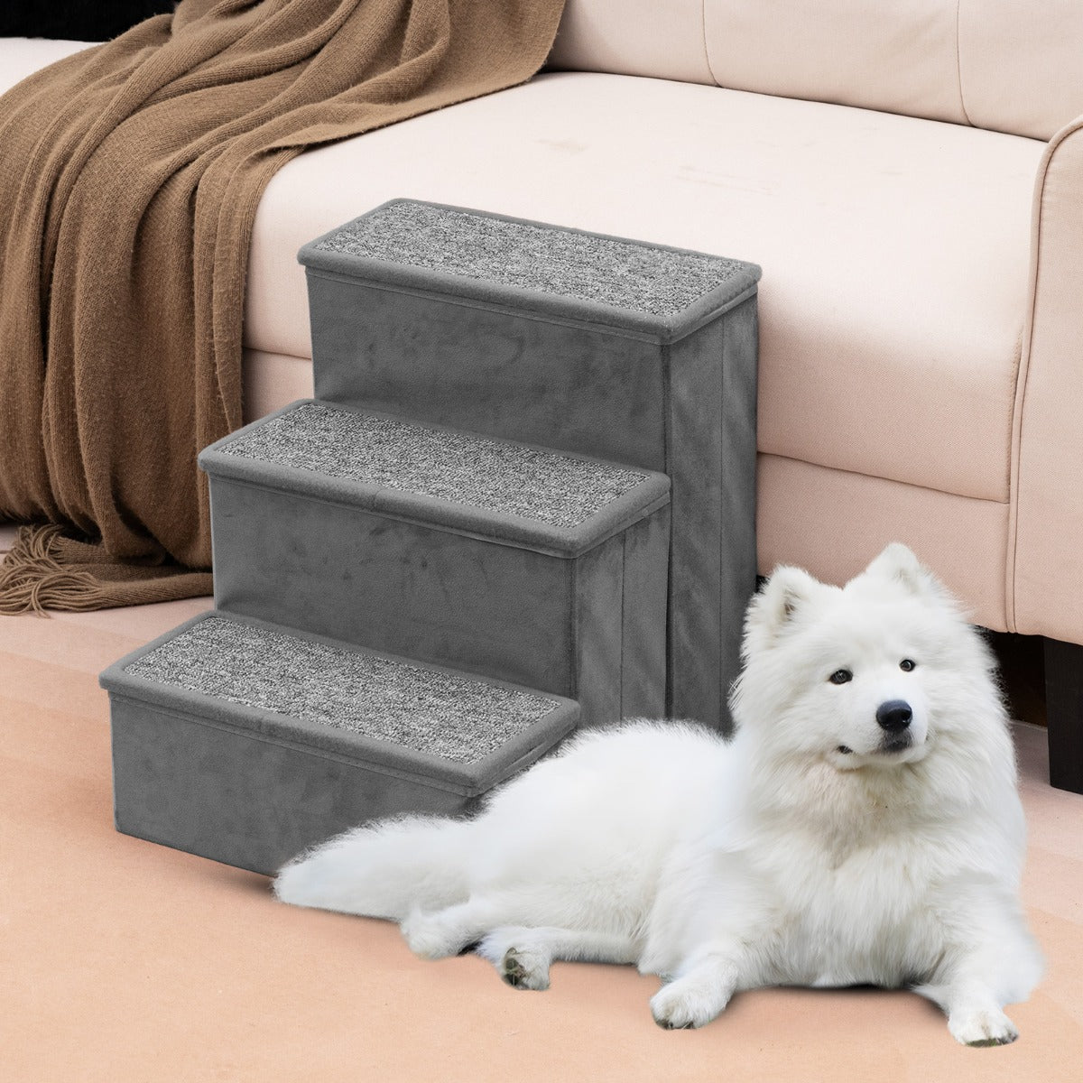 Scala per cani a 3 gradini con scomparti di stoccaggio, Rampe pieghevole antiscivolo per letti e divani Grigio-Giochi e accessori per cani