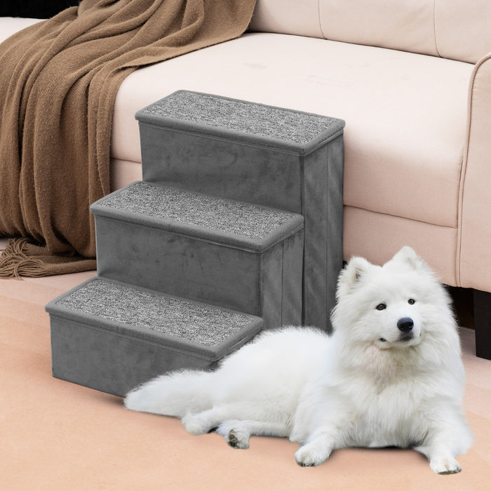 Scala per cani a 3 gradini con scomparti di stoccaggio, Rampe pieghevole antiscivolo per letti e divani Grigio-Giochi e accessori per cani