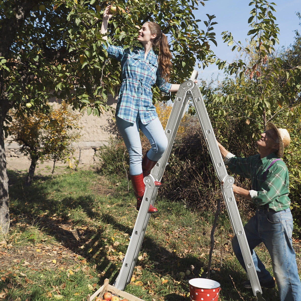 Scala pieghevole in alluminio con pioli e piedini antiscivolo, Scala multifunzione allungabile da 370,5cm-Scale e ponteggi