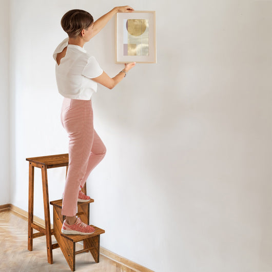 Scaletta 3 gradini pieghevole in legno di gomma, Sgabello scaletta multifunzione con gradini reversibili impugnatura Caff¨¨-Sgabelli