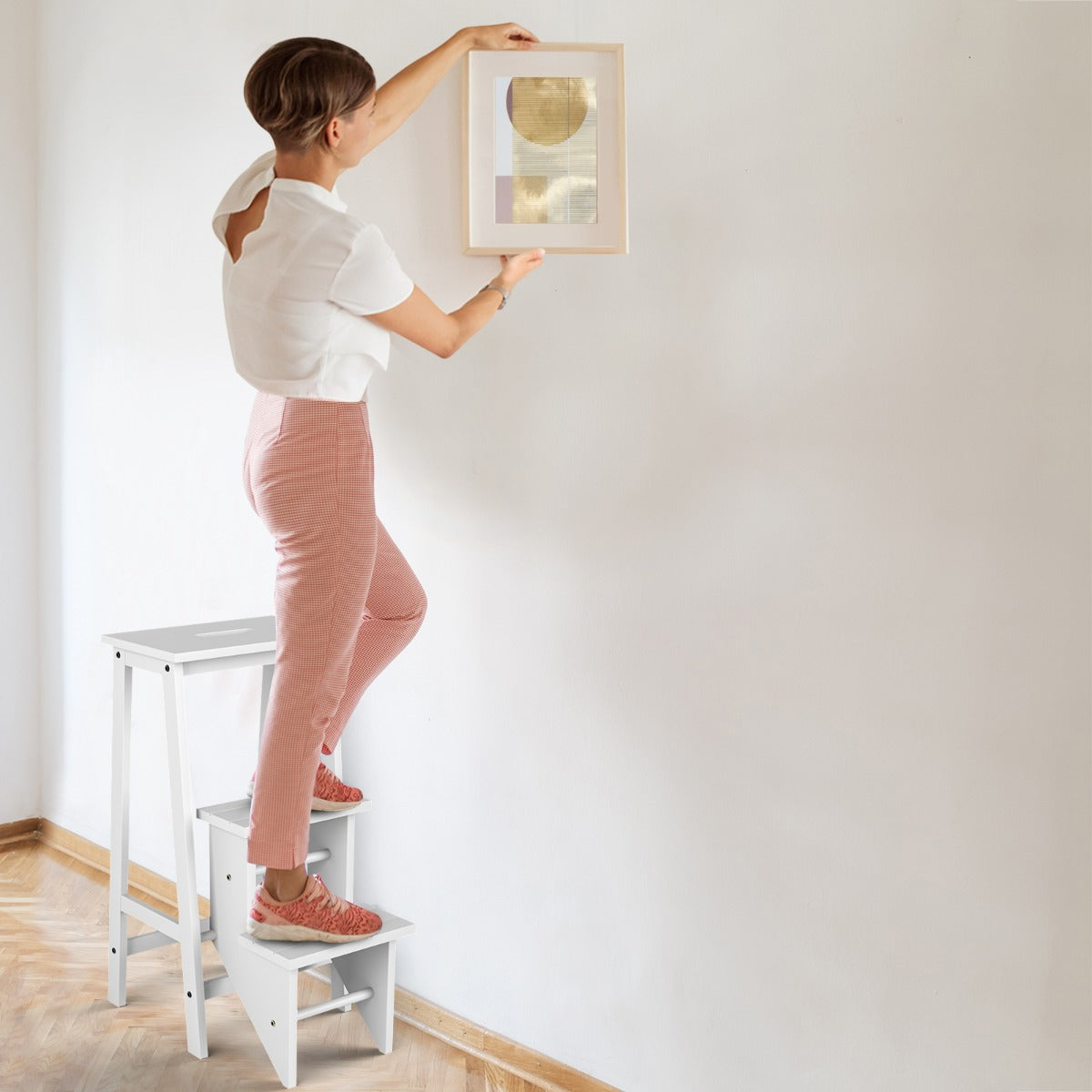 Scaletta 3 gradini pieghevole in legno di gomma, Sgabello scaletta multifunzione con gradini reversibili impugnatura Bianco-Sgabelli