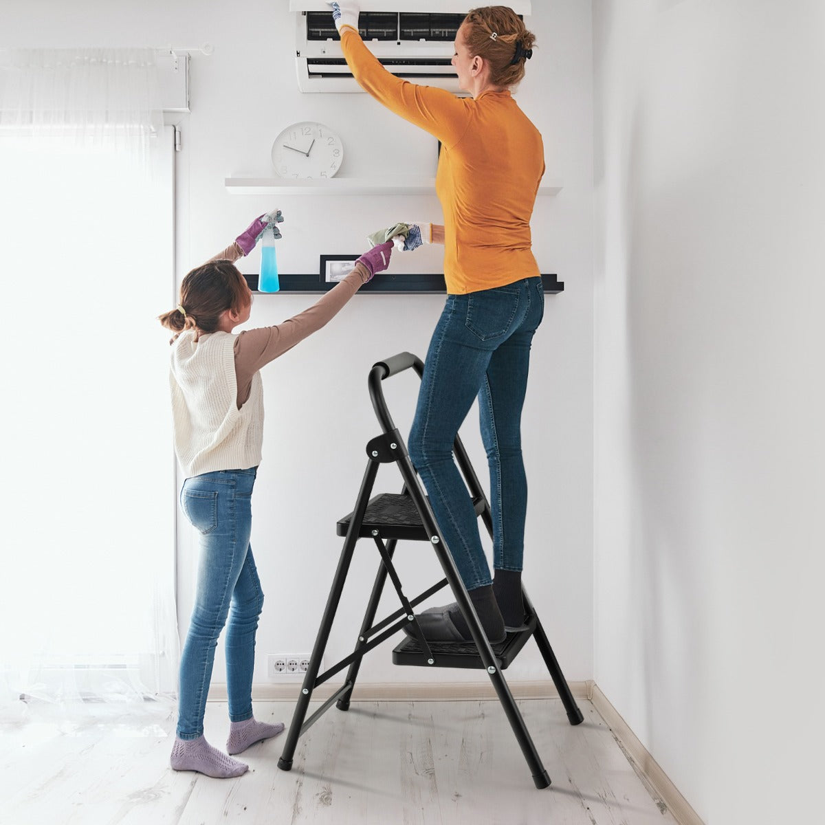 Scaletta a 2 gradini con impugnatura imbottita e gradini ampi antiscivolo, Scala pieghevole portata 265kg Nero-Scale e ponteggi