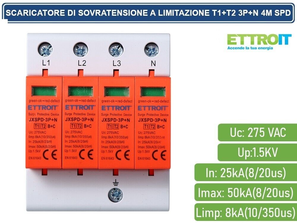 SCARICATORE LIMITATORE DI SOVRATENSIONE 4 MODULI TIPO T1+T2 3P+N 25KA-50KA SPD - ETTROIT