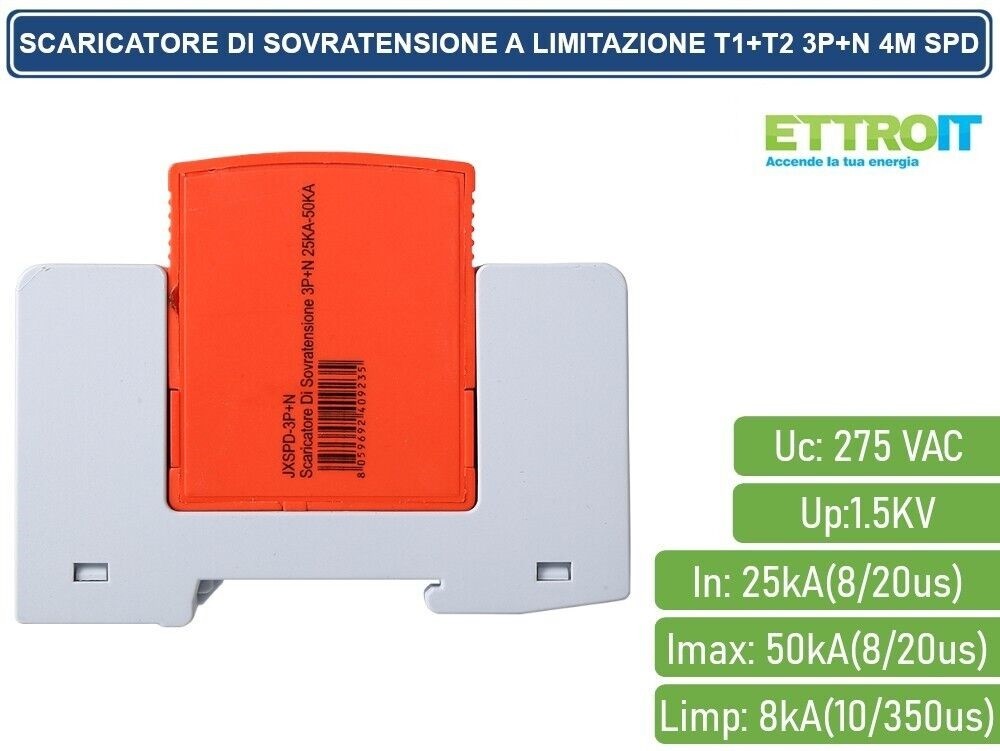 SCARICATORE LIMITATORE DI SOVRATENSIONE 4 MODULI TIPO T1+T2 3P+N 25KA-50KA SPD - ETTROIT