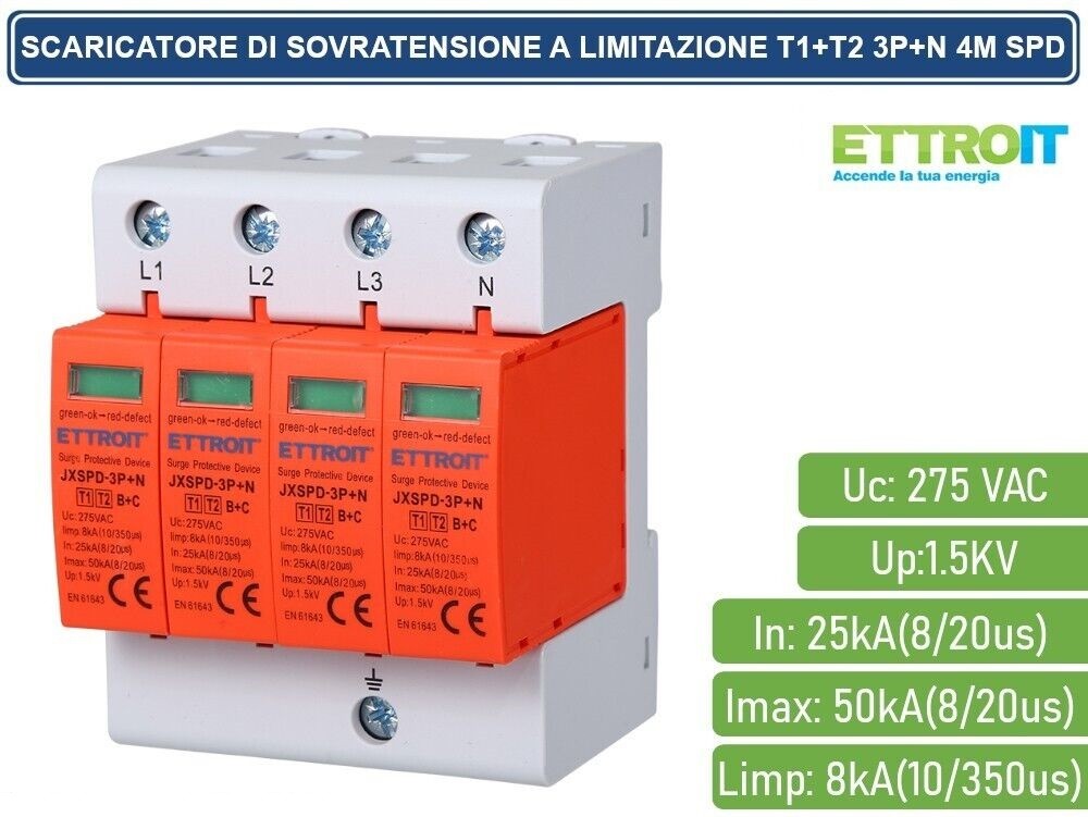 SCARICATORE LIMITATORE DI SOVRATENSIONE 4 MODULI TIPO T1+T2 3P+N 25KA-50KA SPD - ETTROIT
