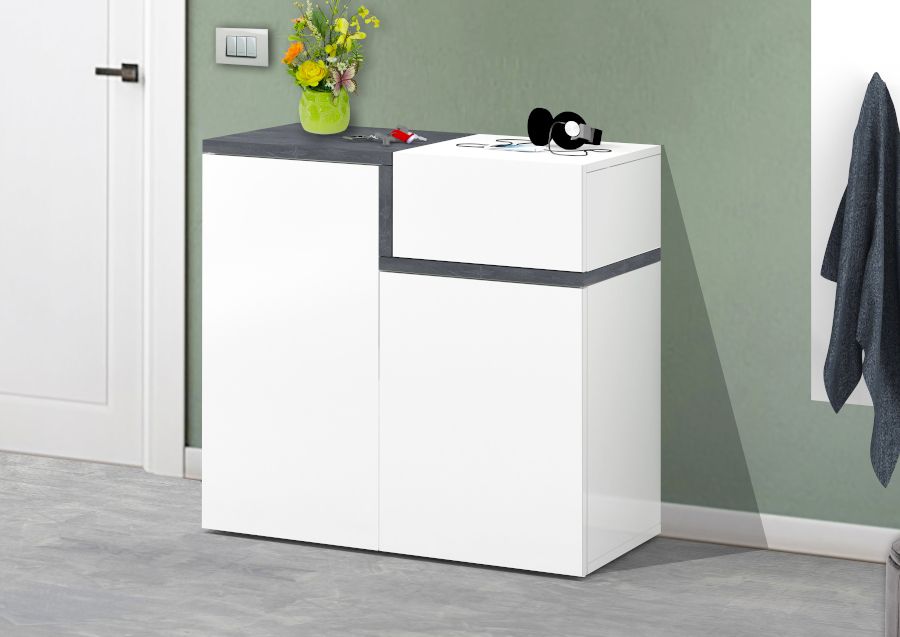 Scarpiera 2 ante, 1 anta ribalta bianco lucido ardesia, made in Italy, ZTC27580258