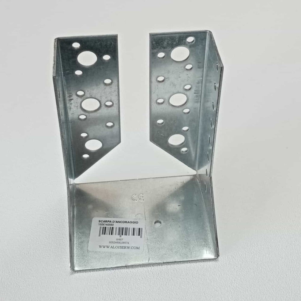 Scarpa d'ancoraggio per fissaggio a muro e ferro di travi in legno da 100x140mm