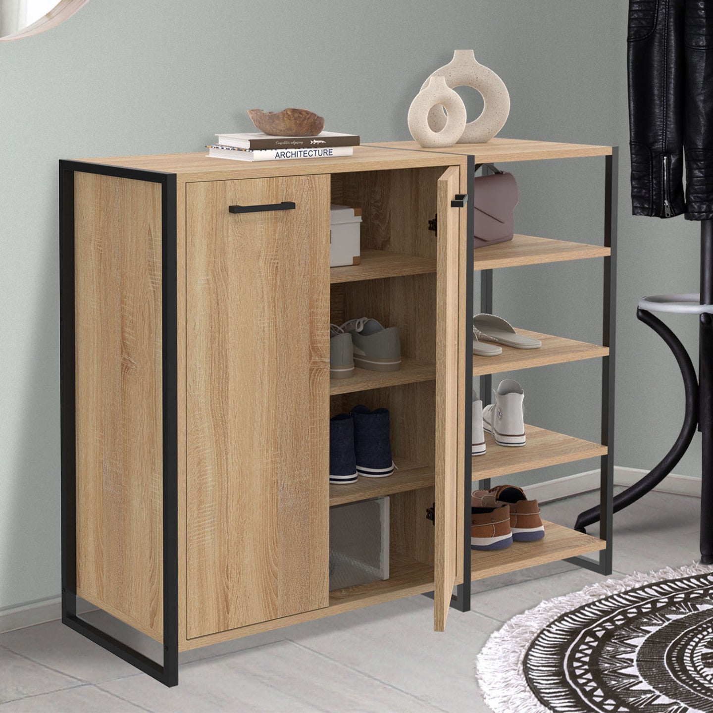 IDMarket - Scarpiera 12 paia LUIS 2 porte con 4 ripiani design industriale