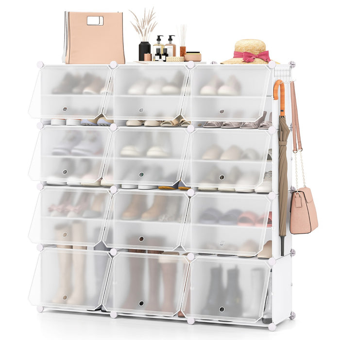 Scarpiera a 8 ripiani per 48 scarpe per ingresso per stivali e tacchi-Armadio 12 cubi in plastica con ganci laterali Bianco