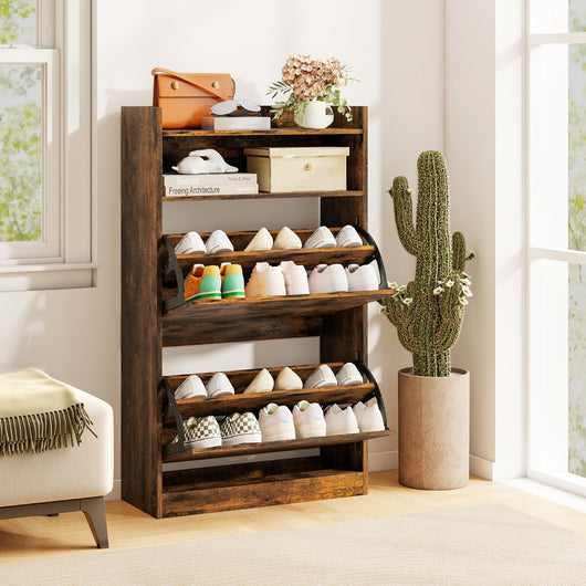 Mobile portascarpe stretto e nascosto con ripiano aperto per ingresso, Scarpiera con 2 cassetti a ribalta atrio e soggiorno Marrone-Scarpiere