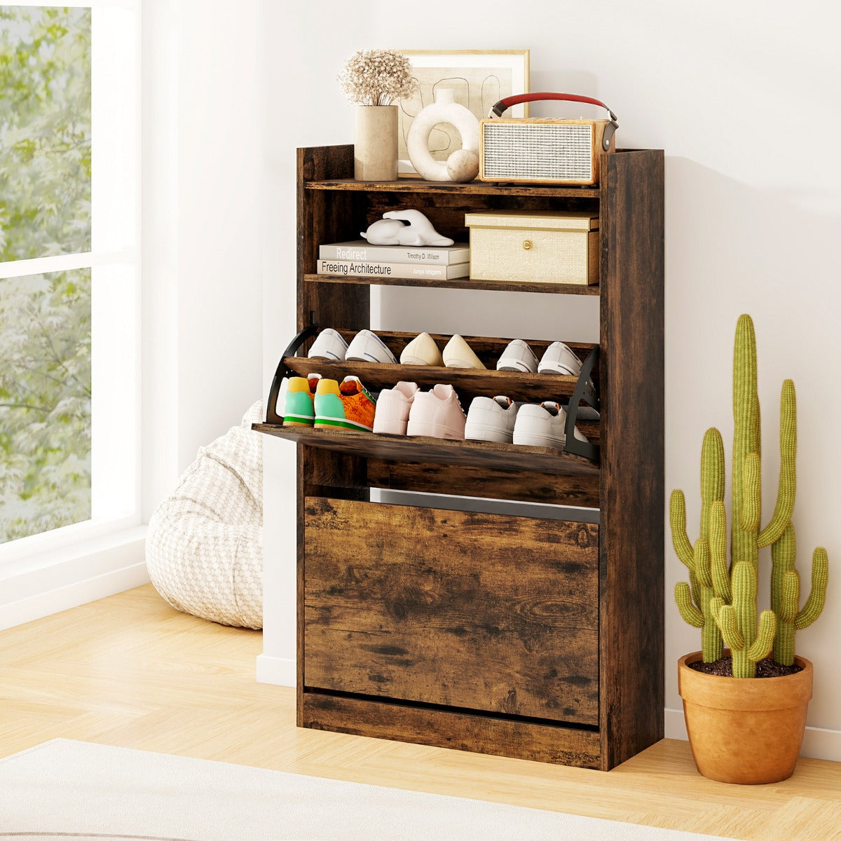 Mobile portascarpe stretto e nascosto con ripiano aperto per ingresso, Scarpiera con 2 cassetti a ribalta atrio e soggiorno Marrone-Scarpiere