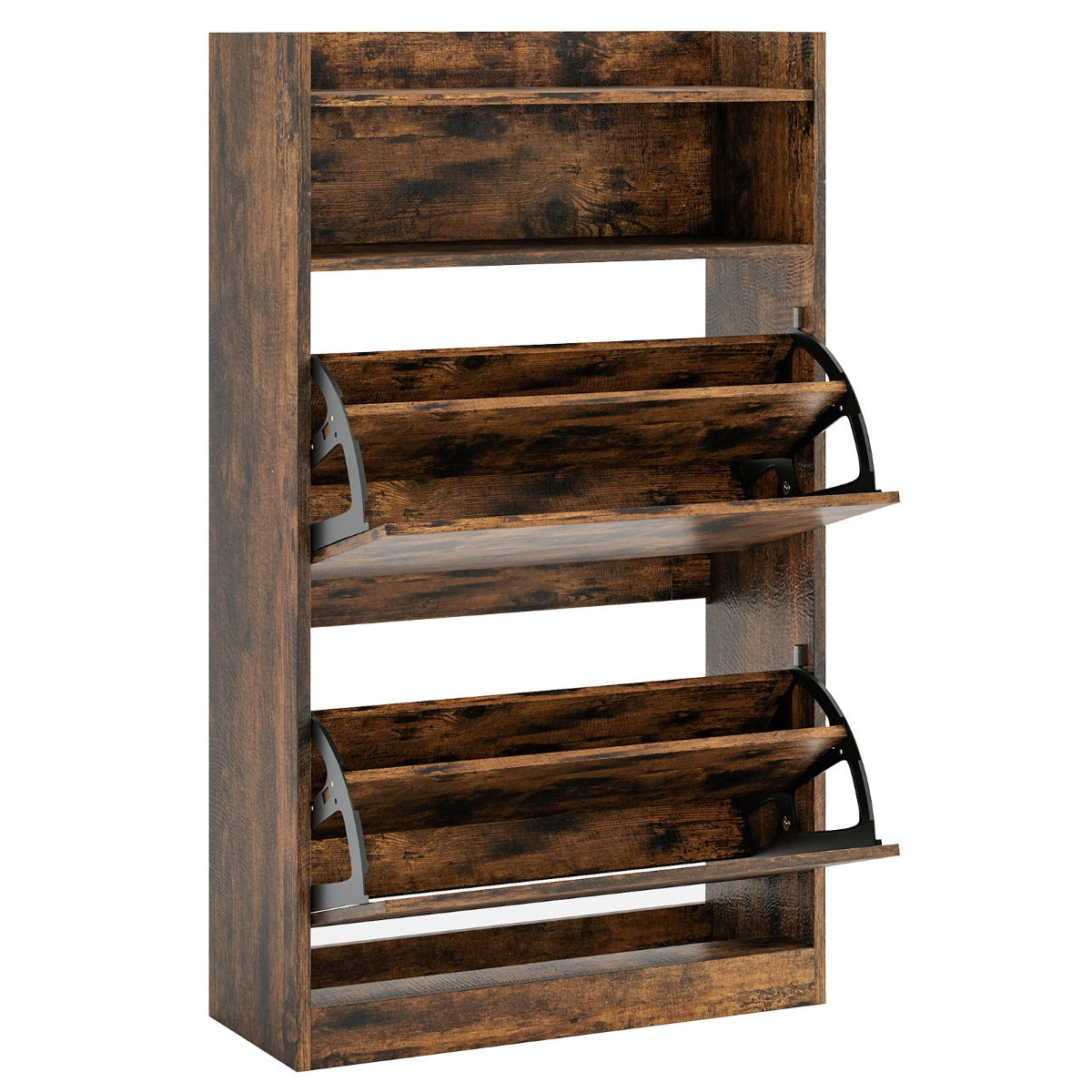 Mobile portascarpe stretto e nascosto con ripiano aperto per ingresso, Scarpiera con 2 cassetti a ribalta atrio e soggiorno Marrone-Scarpiere