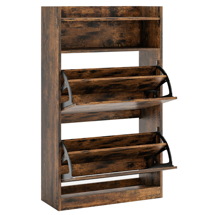 Mobile portascarpe stretto e nascosto con ripiano aperto per ingresso, Scarpiera con 2 cassetti a ribalta atrio e soggiorno Marrone-Scarpiere