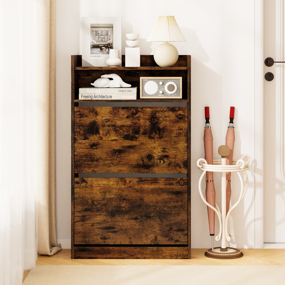 Mobile portascarpe stretto e nascosto con ripiano aperto per ingresso, Scarpiera con 2 cassetti a ribalta atrio e soggiorno Marrone-Scarpiere