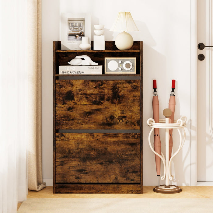 Mobile portascarpe stretto e nascosto con ripiano aperto per ingresso, Scarpiera con 2 cassetti a ribalta atrio e soggiorno Marrone-Scarpiere