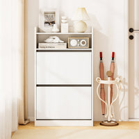 Mobile portascarpe stretto e nascosto con ripiano aperto per ingresso, Scarpiera con 2 cassetti a ribalta atrio e soggiorno Bianco-Scarpiere