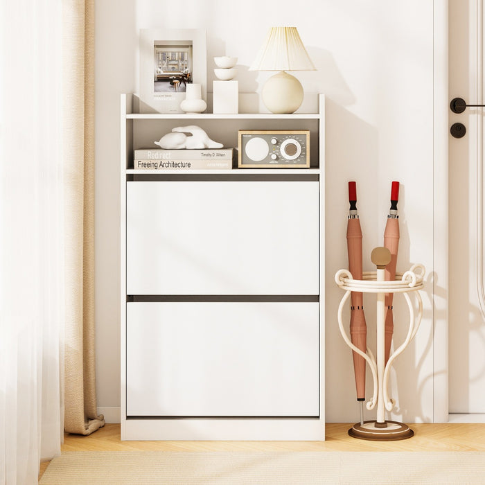 Mobile portascarpe stretto e nascosto con ripiano aperto per ingresso, Scarpiera con 2 cassetti a ribalta atrio e soggiorno Bianco-Scarpiere