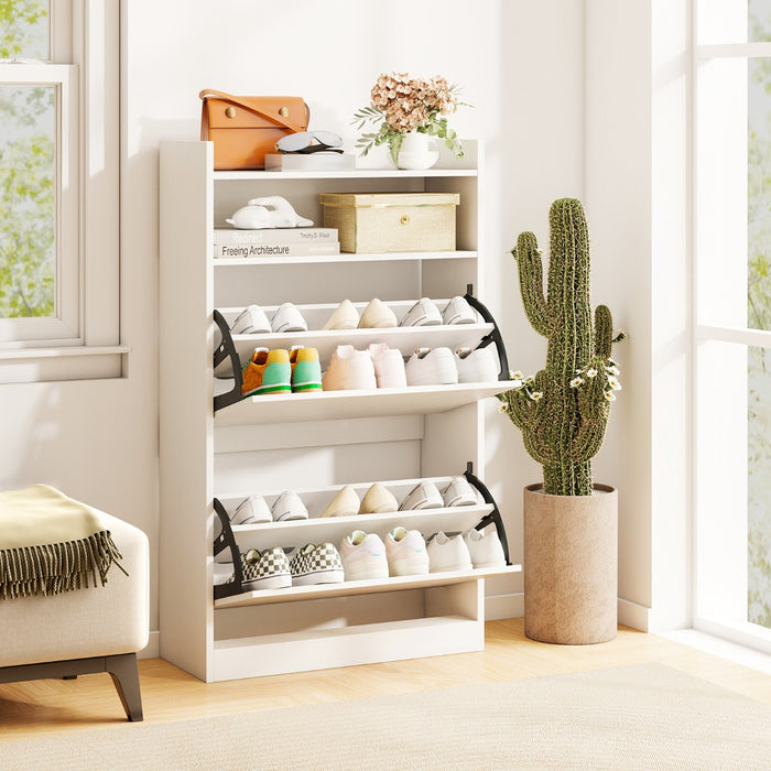 Mobile portascarpe stretto e nascosto con ripiano aperto per ingresso, Scarpiera con 2 cassetti a ribalta atrio e soggiorno Bianco-Scarpiere