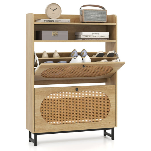 Organizer per scarpe autoportante con ante in rattan e gambe in metallo, Scarpiera con 2 cassetti a ribalta Naturale-Scarpiere