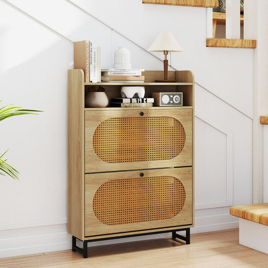 Organizer per scarpe autoportante con ante in rattan e gambe in metallo, Scarpiera con 2 cassetti a ribalta Naturale-Scarpiere