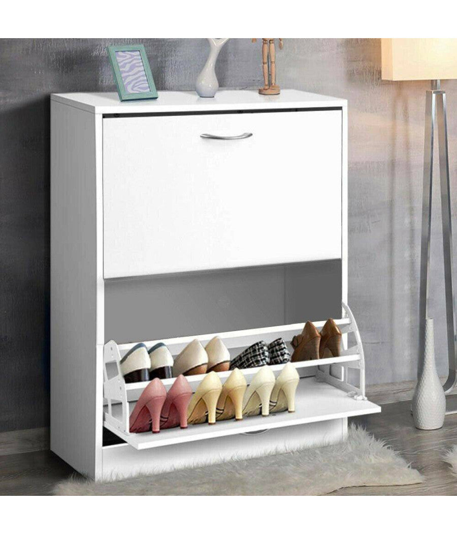 Scarpiera 2 Ante Ripiani Doppia Profondita In Melamina 63x24x80cm Colore Bianco         