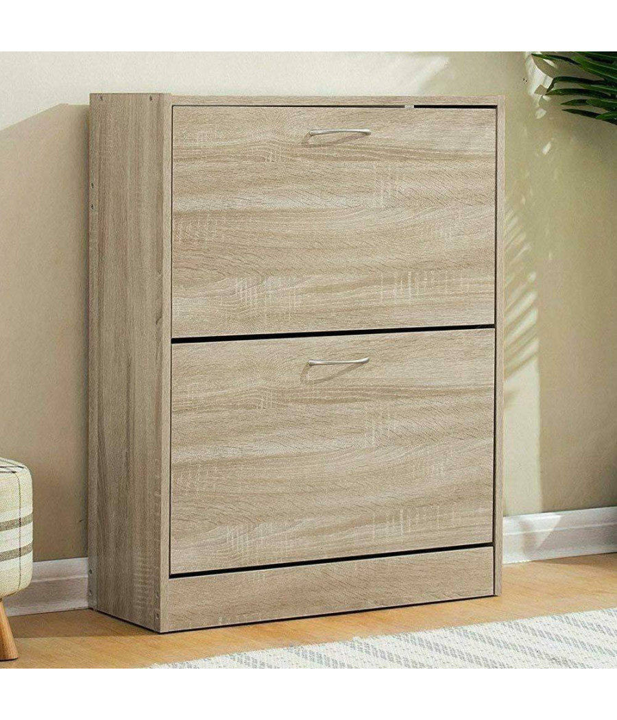 Scarpiera 2 Ante Ripiani Doppia Profondita In Melamina 63x24x81cm Colore Beige         