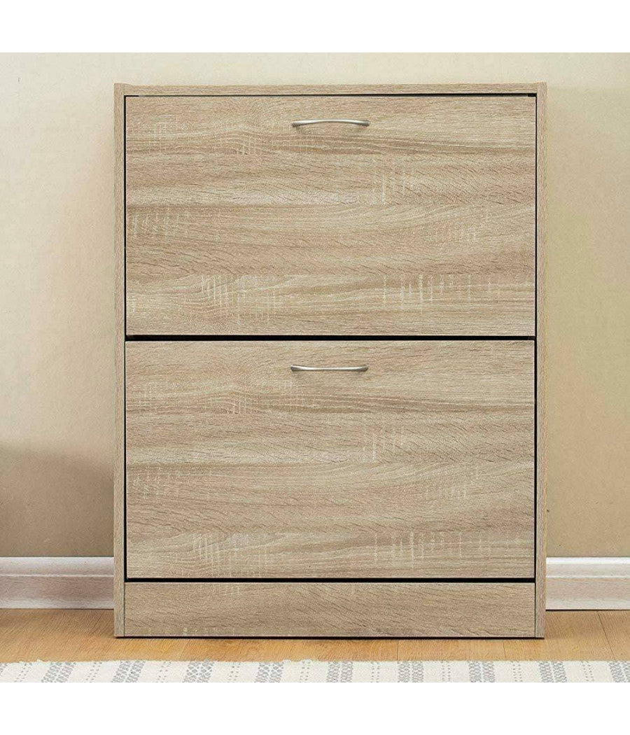 Scarpiera 2 Ante Ripiani Doppia Profondita In Melamina 63x24x81cm Colore Beige         