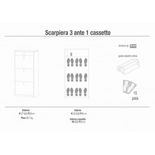 Scarpiera 3 Ante e 1 Cassetto 63L x 29P x h127 – Finitura Bianco Fiammato – Sarmog