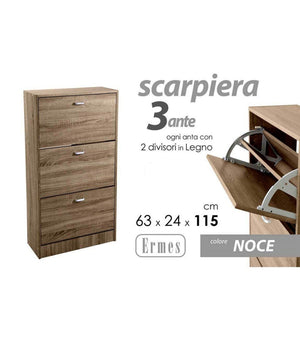 Scarpiera 3 Ante Salvaspazio Slim Porta Scarpe Ingresso Noce 115x63x24cm 827631         