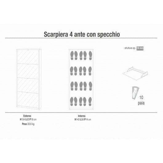 Scarpiera 4 Ante 63L x 18P x h154 – Finitura Legno Noce – Sarmog