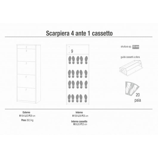 Scarpiera 4 Ante e 1 Cassetto 63L x 29P x h164 – Finitura Bianco Fiammato – Sarmog