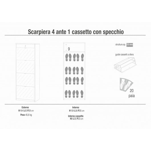Scarpiera 4 Ante Specchio e 1 Cassetto 63L x 29P x h164 – Finitura Bianco Opaco – Sarmog