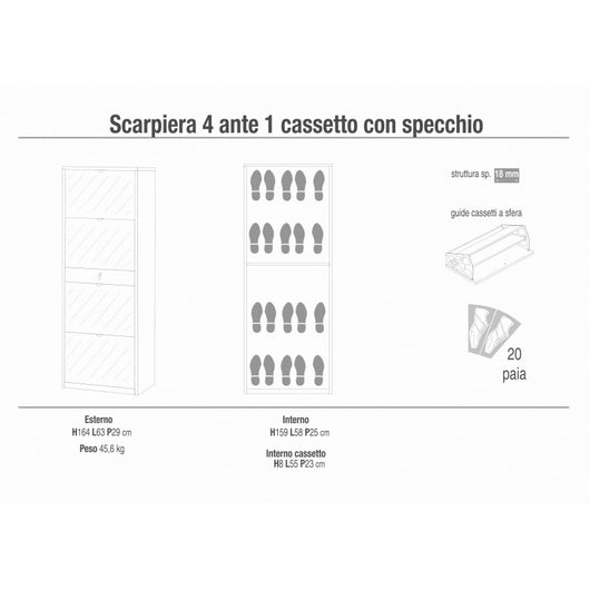 Scarpiera 4 Ante Specchio e 1 Cassetto 63L x 29P x h164 – Finitura Legno Noce Stelvio Noce – Sarmog
