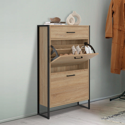 IDMarket - Scarpiera a 2 ante da 12 pezzi LUIS con cassetto dal design industriale