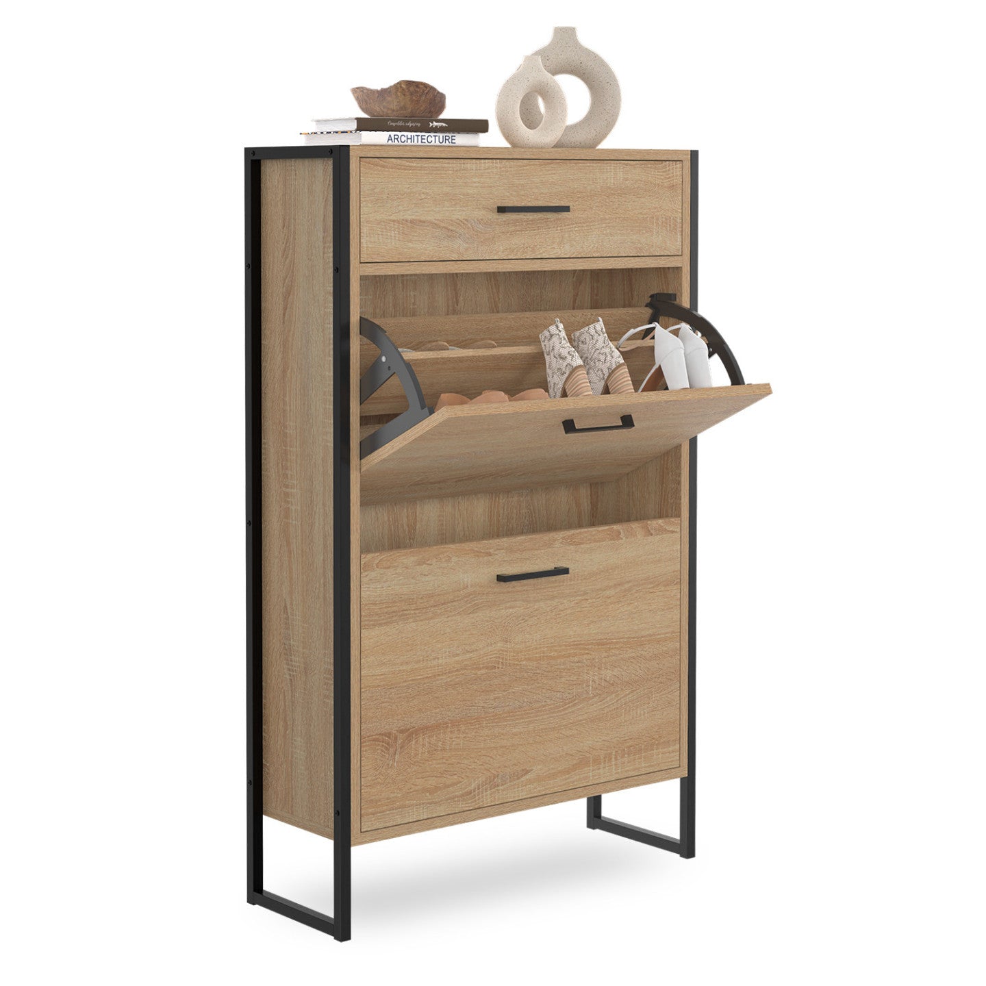 IDMarket - Scarpiera a 2 ante da 12 pezzi LUIS con cassetto dal design industriale