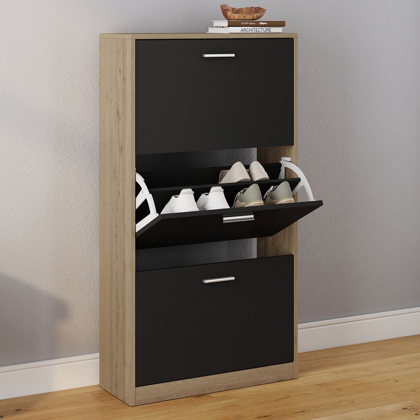 IDMarket - Scarpiera effetto faggio nera 3 ante