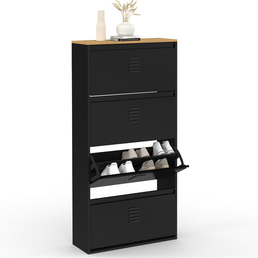 IDMarket - Scarpiera ESTER, capacità massima 24 paia, 4 ante in metallo nero e piano in legno dal design industriale