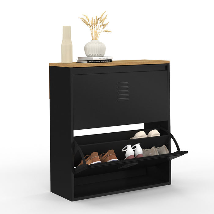 IDMarket - Scarpiera ESTER da 12 pezzi, 2 ante in metallo nero, design industriale