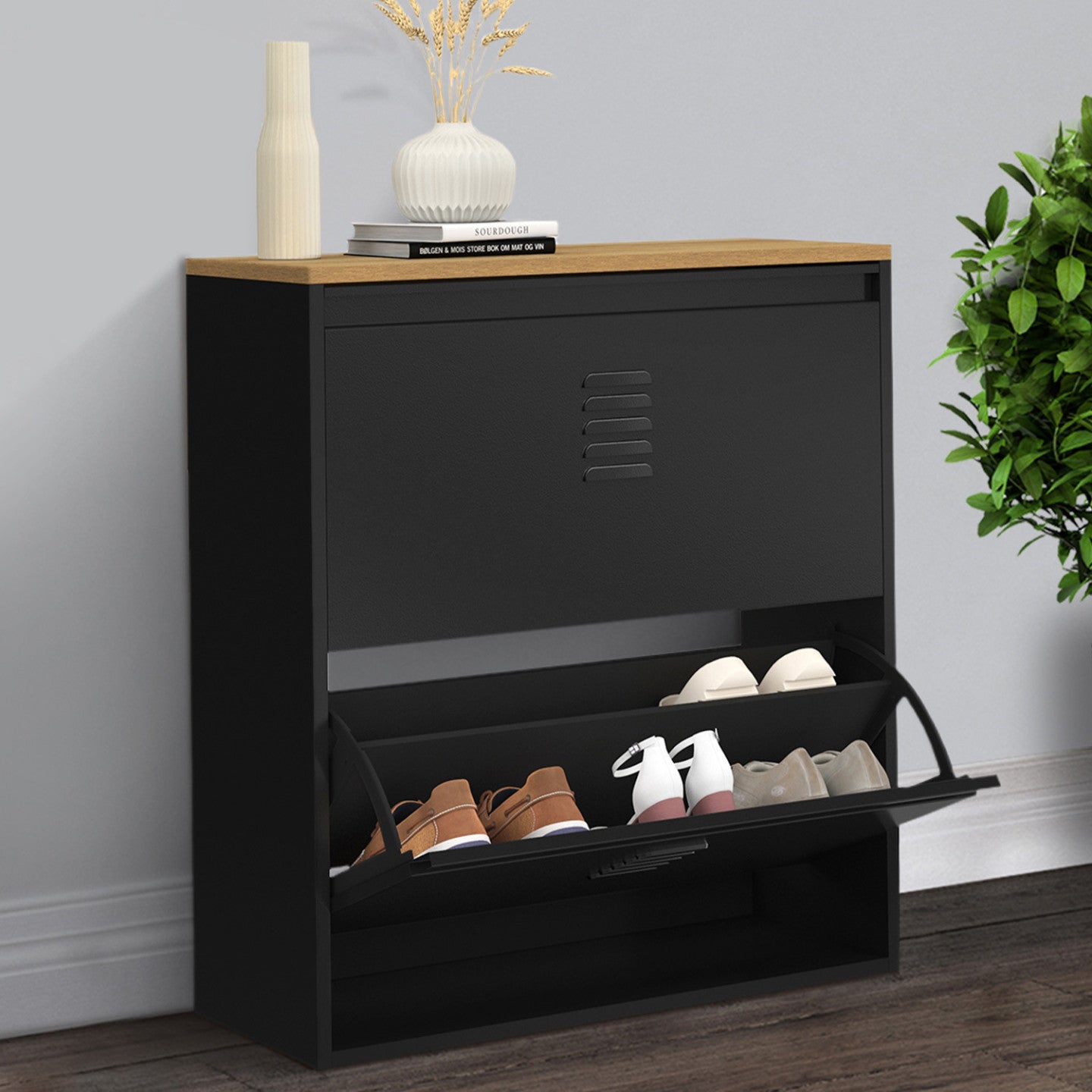 IDMarket - Scarpiera ESTER da 12 pezzi, 2 ante in metallo nero, design industriale