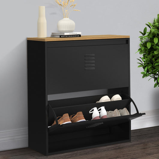 IDMarket - Scarpiera ESTER da 12 pezzi, 2 ante in metallo nero, design industriale