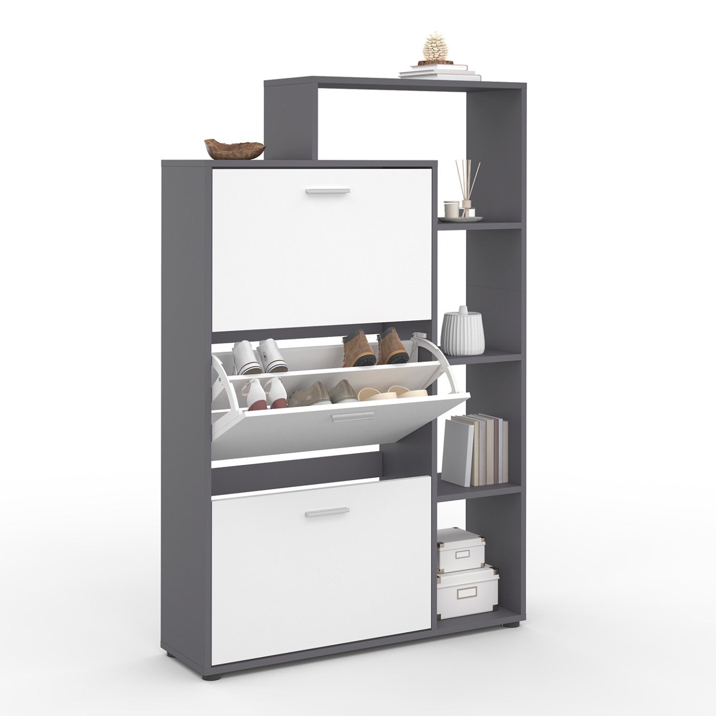 IDMarket - Scarpiera grigia con 3 ante bianche e ripiano