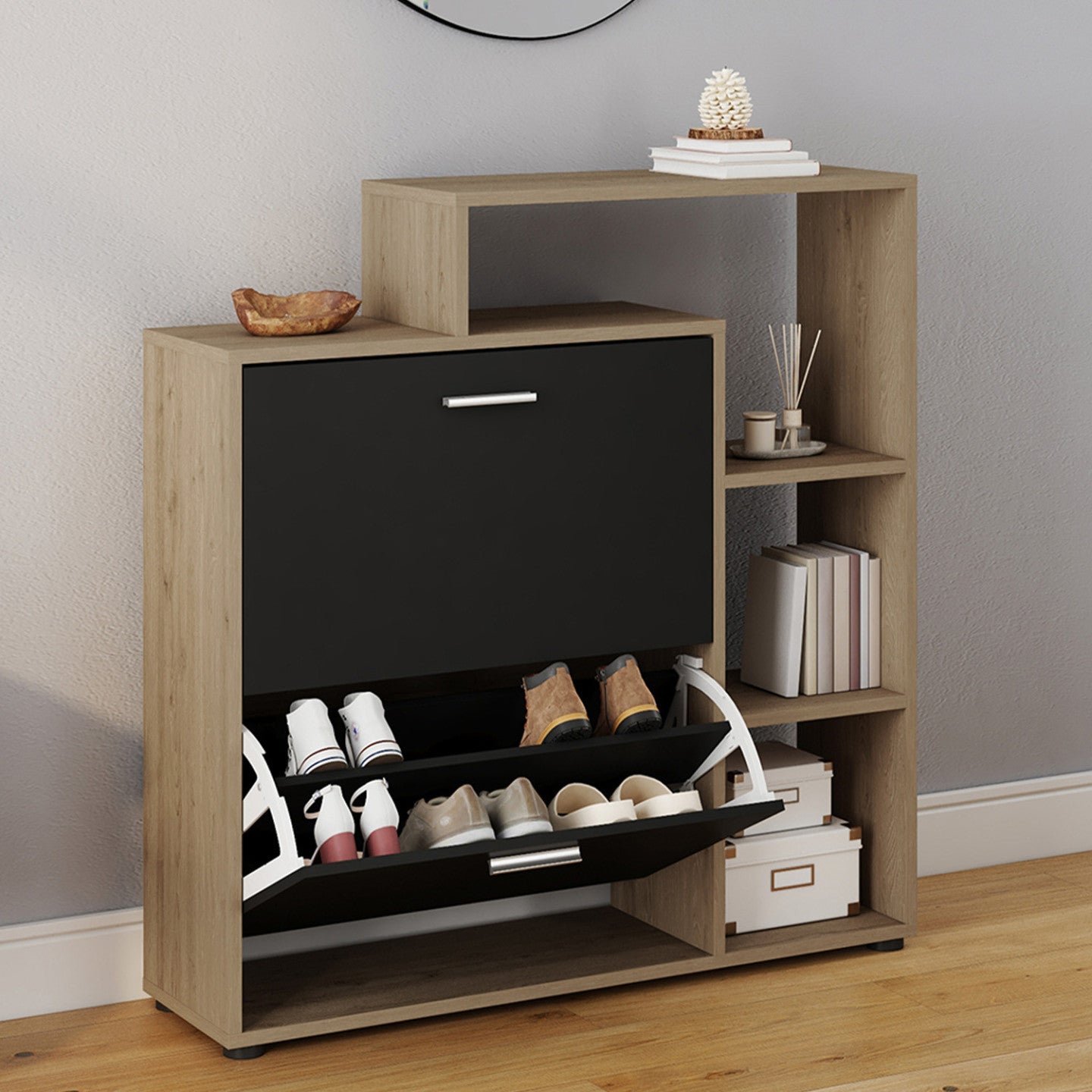 IDMarket - Scarpiera in finto faggio a 2 ante nera con ripiano