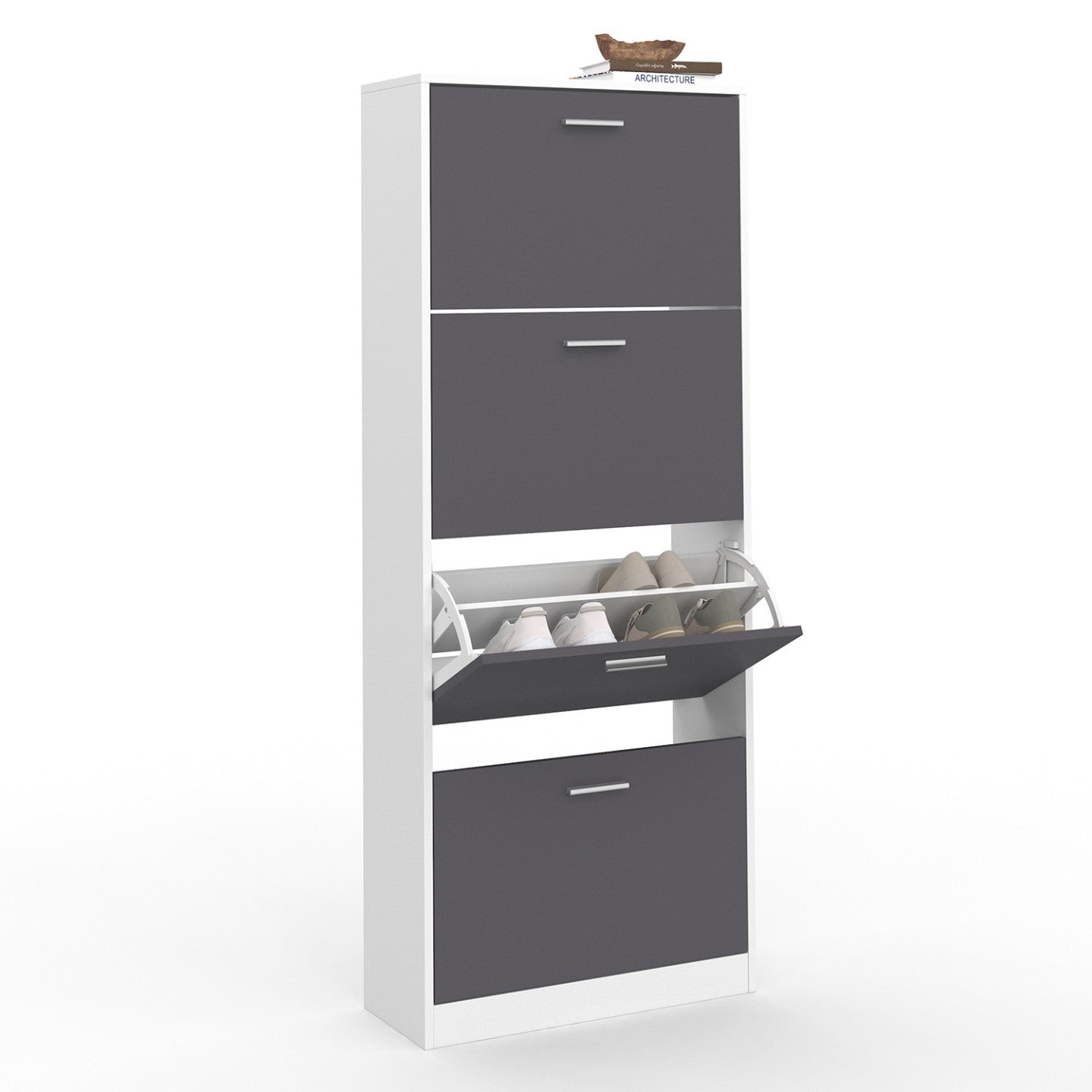 IDMarket - Scarpiera KLARK bianca a 4 ante grigio chiaro