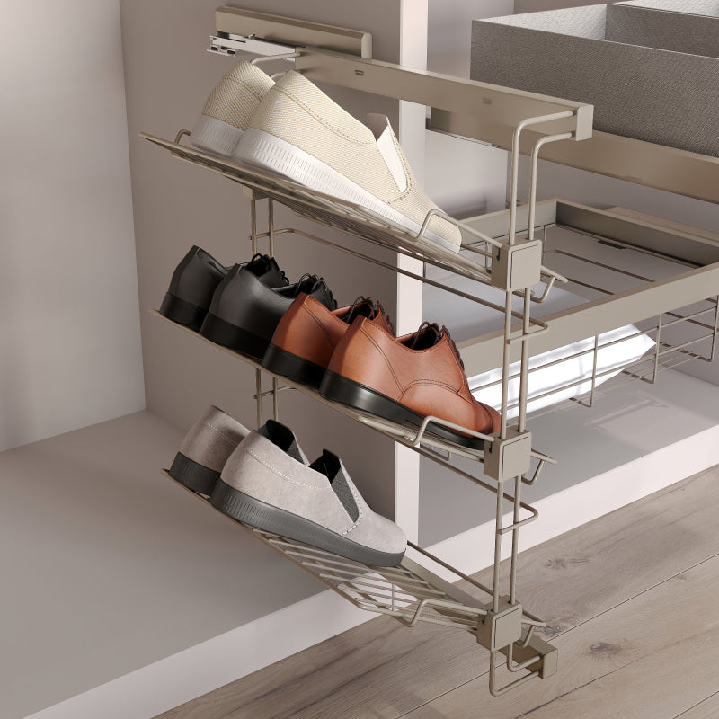 Scarpiera laterale estraibile per armadi e cabine armadio Hack, Destra, Verniciato grigio pietra, Acciaio.