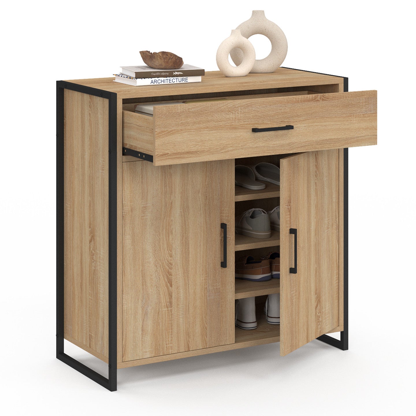 IDMarket - Scarpiera LUIS da 12 pezzi, 2 ante e 1 cassetto, design industriale