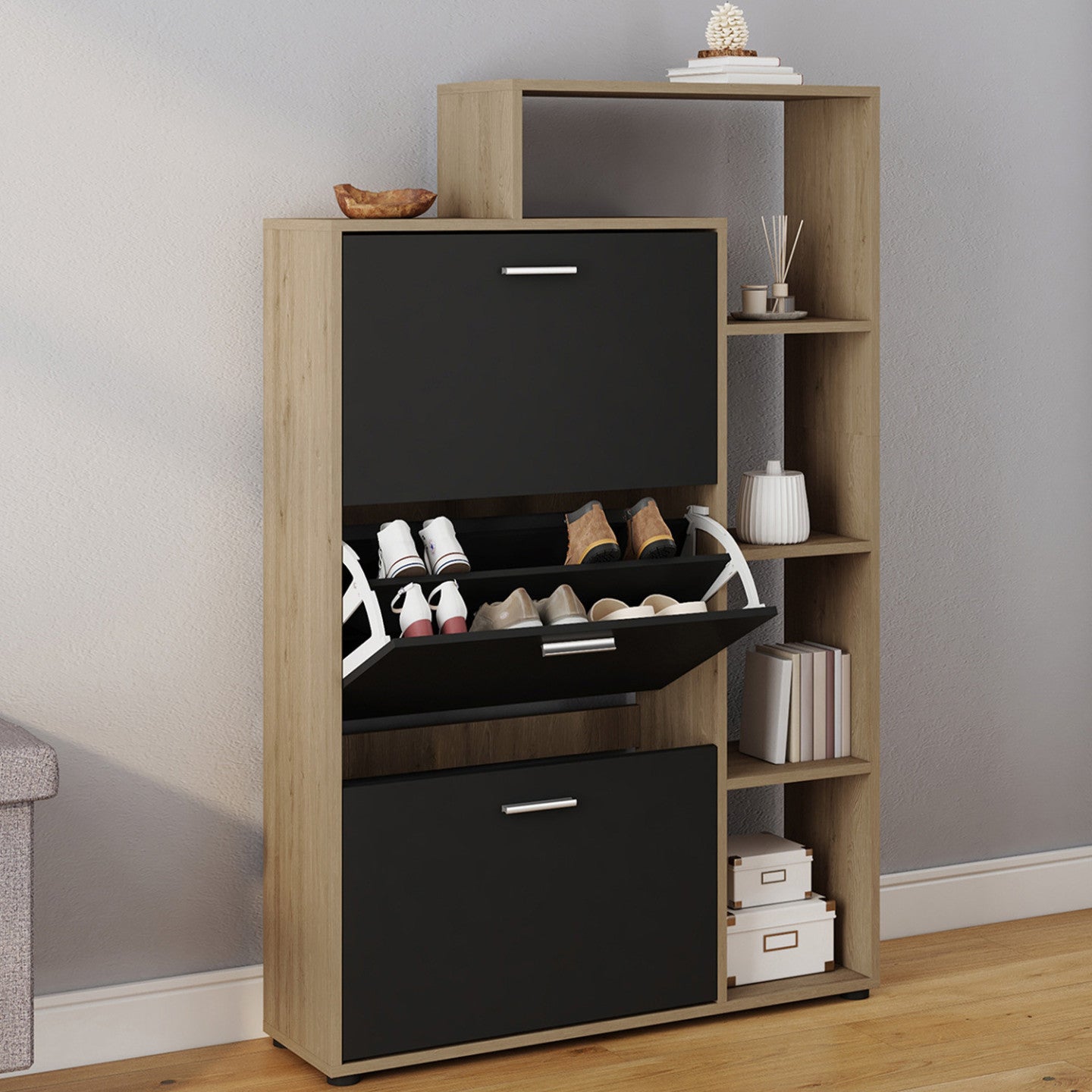 IDMarket - Scarpiera nera a 3 ante con ripiano